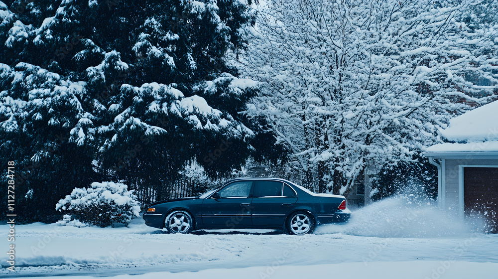 A sedan spinning its wheels helplessly on a snowy driveway unable to gain traction.