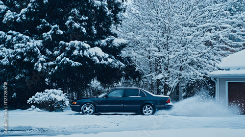 Obraz na płótnie A sedan spinning its wheels helplessly on a snowy driveway unable to gain traction. w salonie