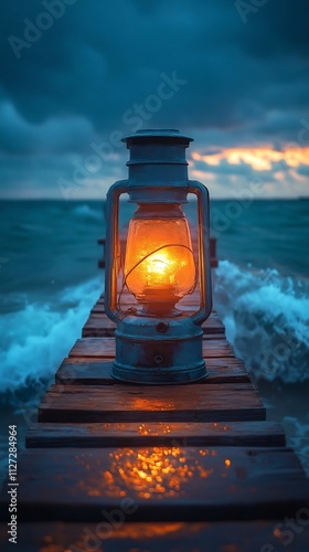 Mystical Coastal Lantern on Serene Wooden Pier at Twilight
