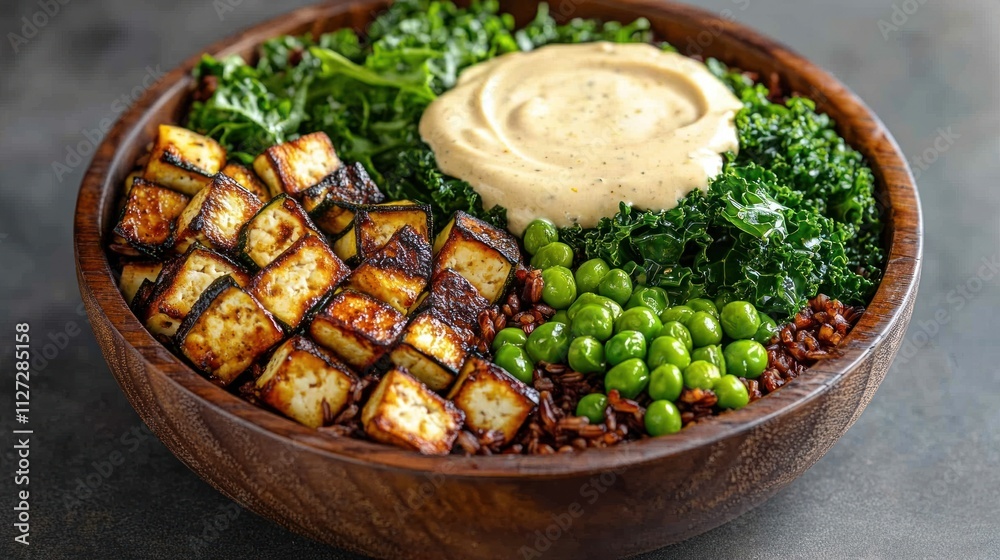 A nourishing bowl featuring grilled tofu, greens, rice, peas, and a creamy sauce.