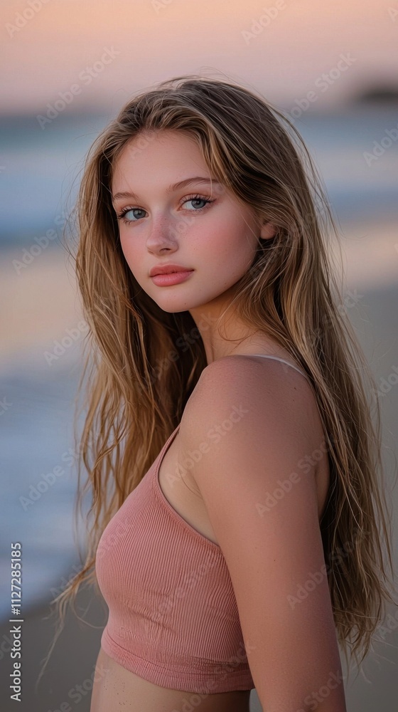 A woman with long hair is standing on a beach A woman with long hair is standing on a beach