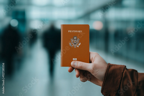 Hand holding a brown passport at a busy airport photo