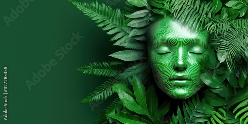 A green, textured face surrounded by lush foliage creates a mystical, nature-inspired scene.