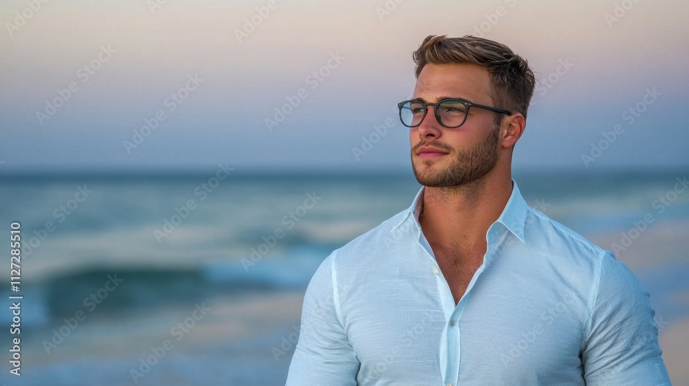 A man wearing glasses and a white shirt stands on a beach A man wearing glasses and a white shirt stands on a beach