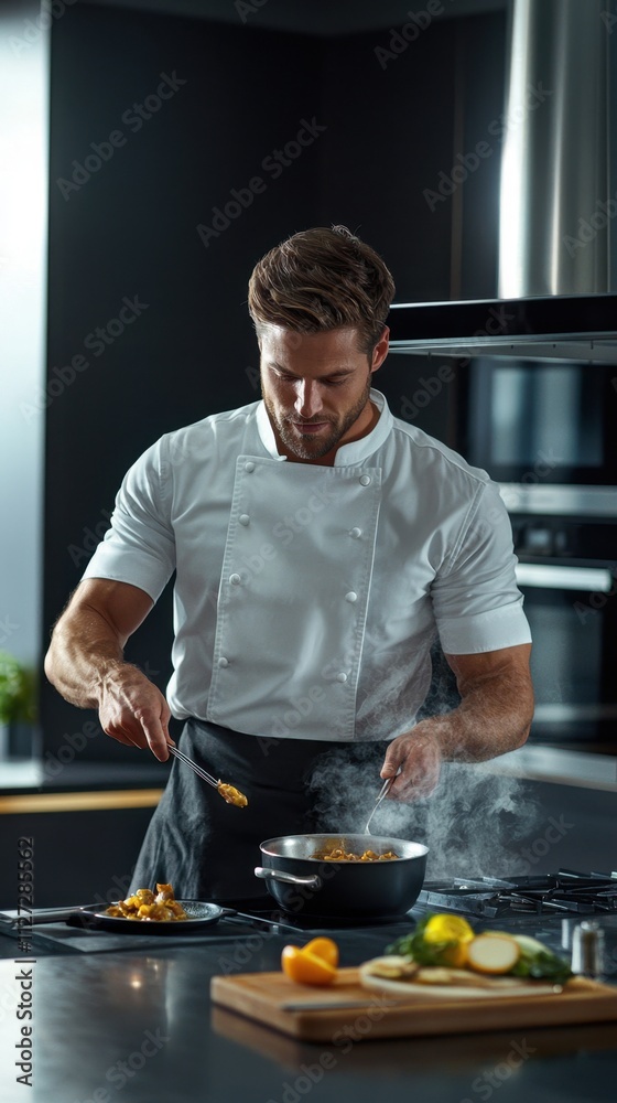 A chef is cooking in a kitchen with a pot of food on the stove A chef is cooking in a kitchen with a pot of food on the stove