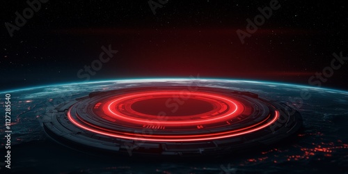 Futuristic red glowing ring above a planet, set against a starry background.