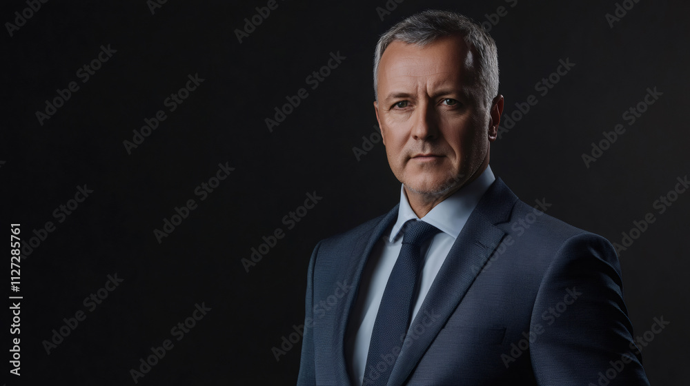 Professional businessman exudes confidence and leadership in tailored suit and tie against dark background Professional businessman exudes confidence and leadership in tailored suit and tie against dark background