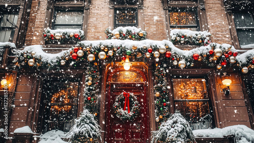 Fototapeta Naklejka Na Ścianę i Meble -  Cozy winter streets in the snow, decorated for the Christmas holidays.