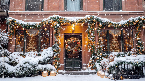Fototapeta Naklejka Na Ścianę i Meble -  Cozy winter streets in the snow, decorated for the Christmas holidays.