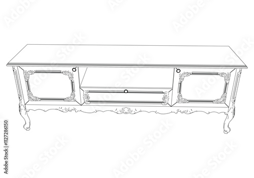 Elegant antique sideboard furniture and home interior decorations in trendy vintage retro style. Modern hand drawn black sketch vector illustrations isolated on white background
