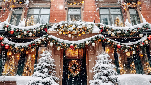 Fototapeta Naklejka Na Ścianę i Meble -  Cozy winter streets in the snow, decorated for the Christmas holidays.