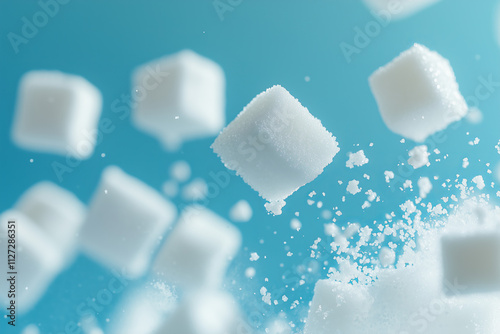 Flying sweet sugar cubes against pastel blue background.