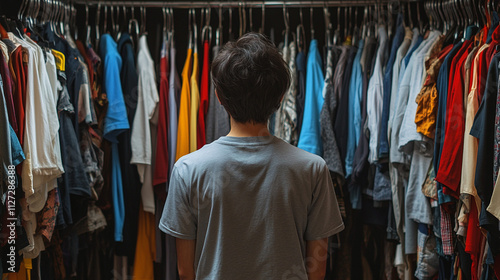 Person Choosing Clothes from a Full Closet  Wardrobe Organization  Fashion Selection