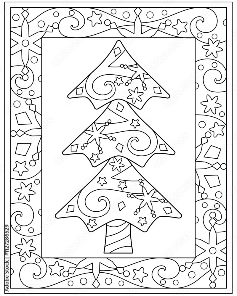 Christmas tree with zentangles - Winter antistress vertical coloring with a frame with snowflakes and stars - vector linear picture for coloring. Outline. Frosty patterns and tree Christmas tree with zentangles - Winter antistress vertical coloring with a frame with snowflakes and stars - vector linear picture for coloring. Outline. Frosty patterns and tree