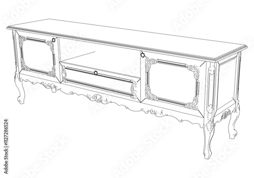 Elegant antique sideboard furniture and home interior decorations in trendy vintage retro style. Modern hand drawn black sketch vector illustrations isolated on white background