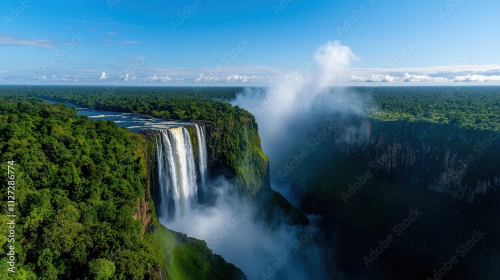 Fototapeta premium A waterfall is seen in the distance with a blue sky in the background