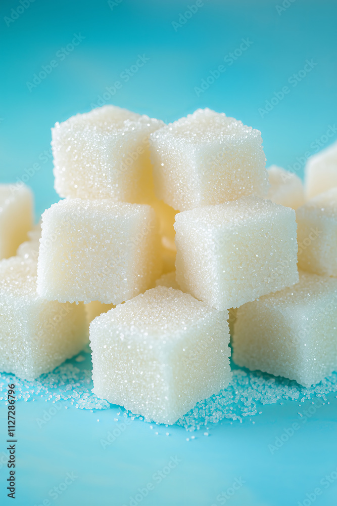 Pile of sweet sugar cubes against pastel blue background. Pile of sweet sugar cubes against pastel blue background.