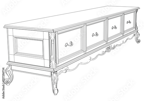 Elegant antique sideboard furniture and home interior decorations in trendy vintage retro style. Modern hand drawn black sketch vector illustrations isolated on white background