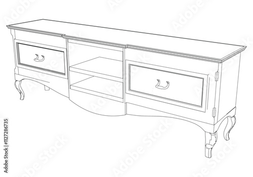 Elegant antique sideboard furniture and home interior decorations in trendy vintage retro style. Modern hand drawn black sketch vector illustrations isolated on white background