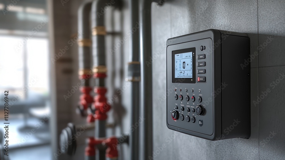  Advanced control panel in industrial setting with red valves and metal pipes, symbolizing modern systems management.