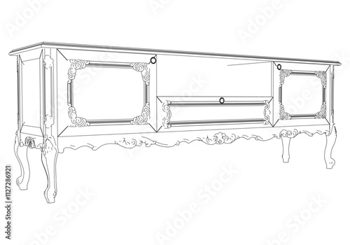 Elegant antique sideboard furniture and home interior decorations in trendy vintage retro style. Modern hand drawn black sketch vector illustrations isolated on white background