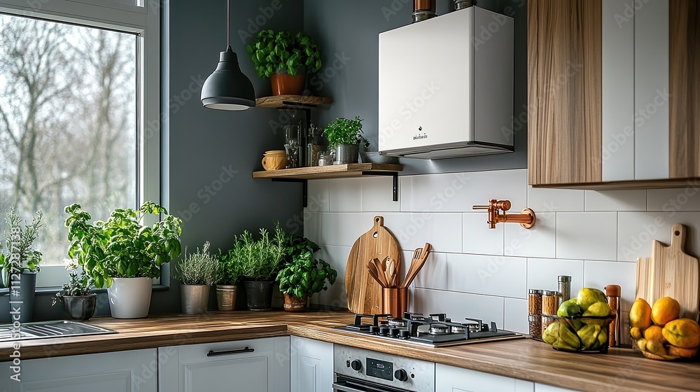 Bright kitchen with plants, wooden countertops, and a modern boiler, showcasing a cozy, natural ambiance. Bright kitchen with plants, wooden countertops, and a modern boiler, showcasing a cozy, natural ambiance.