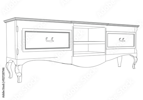 Elegant antique sideboard furniture and home interior decorations in trendy vintage retro style. Modern hand drawn black sketch vector illustrations isolated on white background