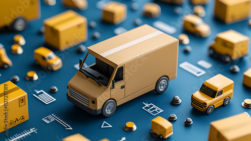 A collection of miniature delivery trucks on a blue surface, highlighting logistics and transportation themes. photo