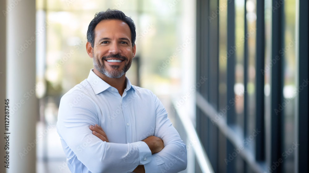 Confident hispanic businessman smiling with arms crossed in a modern office, exuding professionalism and success in his career Confident hispanic businessman smiling with arms crossed in a modern office, exuding professionalism and success in his career