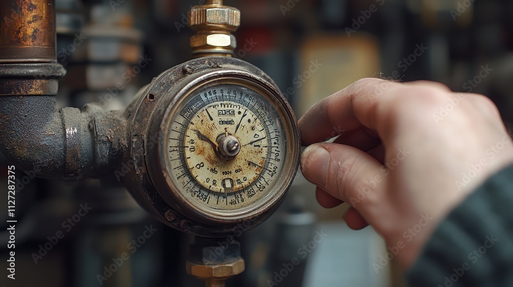  Close-up of an old-fashioned thermostat with a slightly worn dial being adjusted, the hand’s motion reflecting the effort to fine-tune the heating on a chilly day.