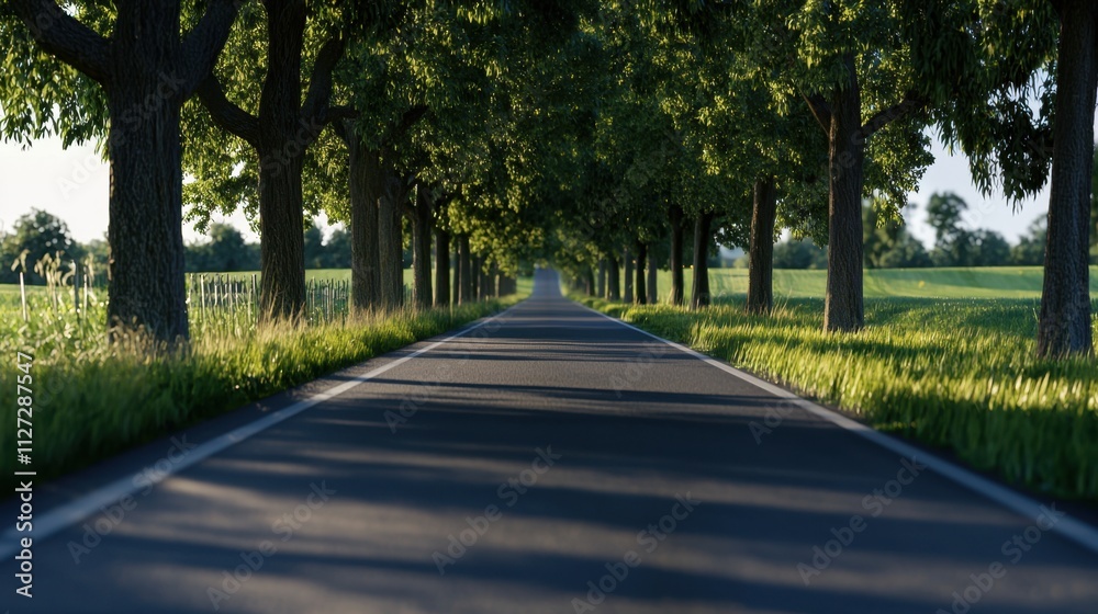 Fototapeta premium A road with trees on either side and a grassy field in the background