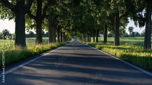 A road with trees on either side and a grassy field in the background