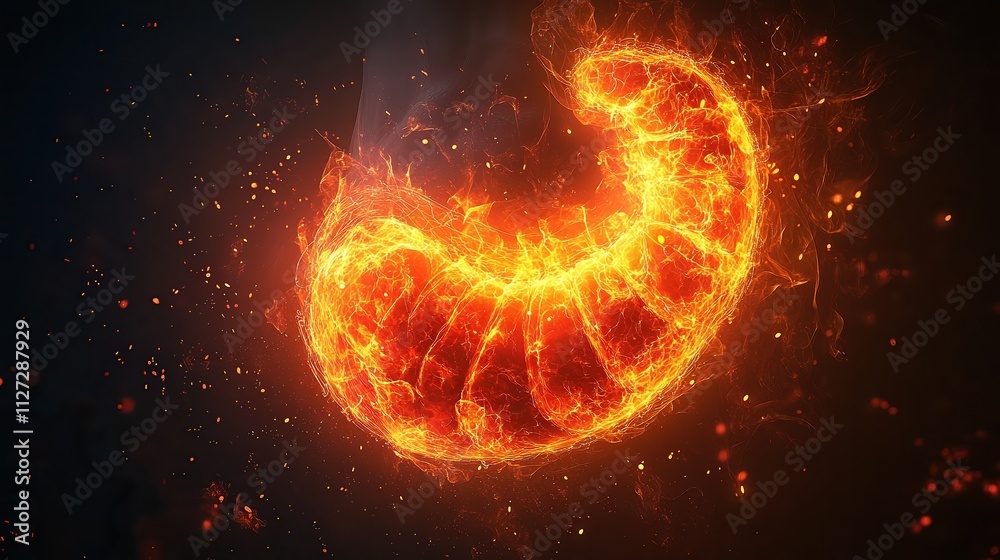 Fototapeta premium Fiery orange crescent glowing with energy and intensity, symbolizing transformation and passion.