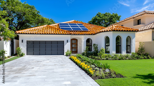 A modern home with a tile roof and solar panels, surrounded by a manicured lawn and colorful flowers, showcasing contemporary architecture and eco-friendly features.