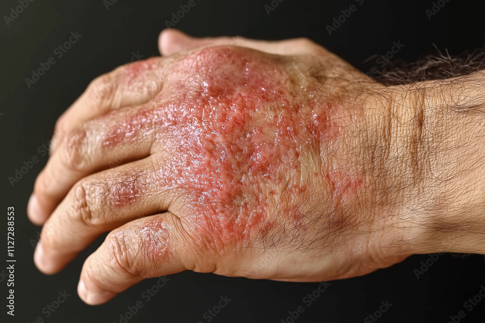 hand with a rash on it. The rash is red and itchy. The hand is covered in red bumps hand with a rash on it. The rash is red and itchy. The hand is covered in red bumps