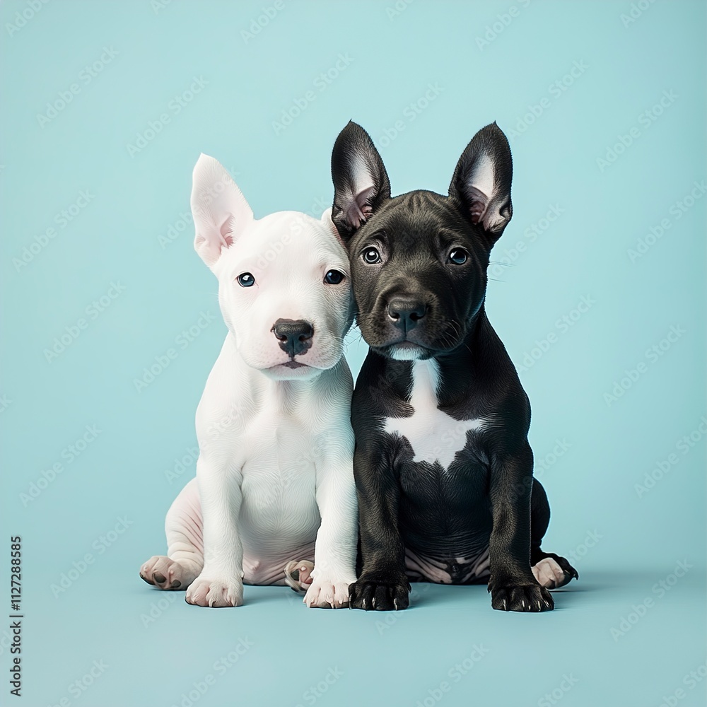Adorable Black and White Puppies Sitting Together Against a Light Blue Background Adorable Black and White Puppies Sitting Together Against a Light Blue Background