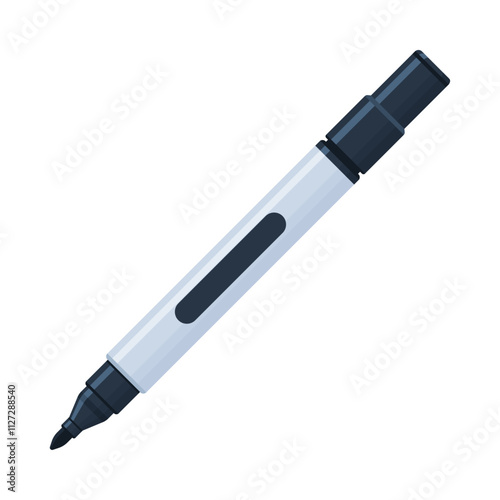 Black whiteboard permanent marker pen with cap off. School supplies, stationery, drawing, writing tool concept. Flat vector illustration isolated on a white background with copy space	
