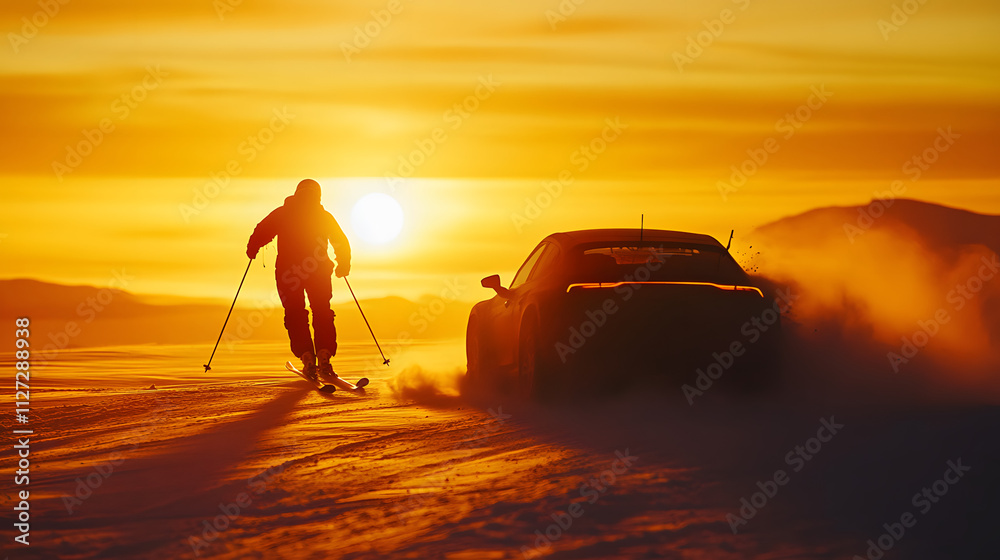 A skier pulled at full speed by a rally car their figure silhouetted against a glowing winter sunset.