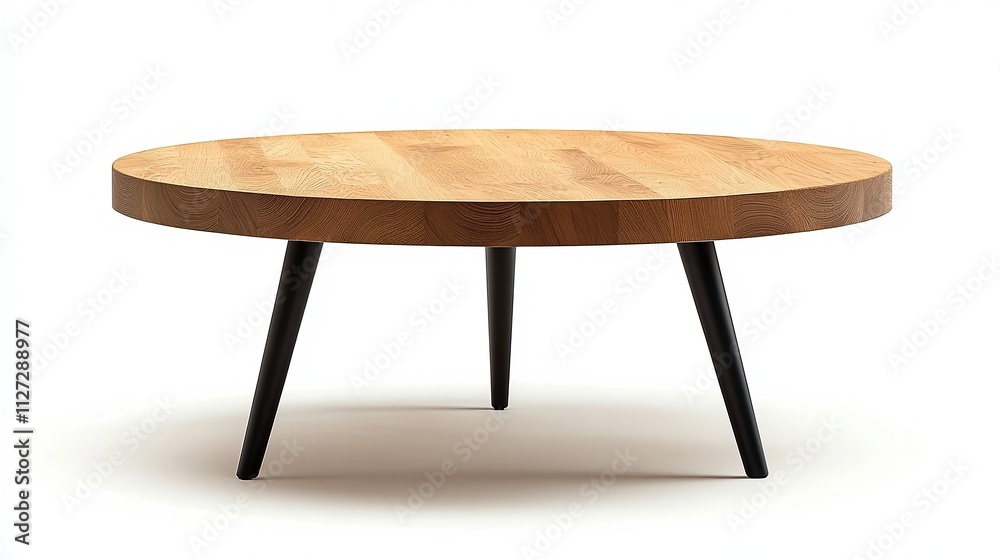 Modern round wooden coffee table with sleek black legs, blending minimalistic design and natural warmth. Modern round wooden coffee table with sleek black legs, blending minimalistic design and natural warmth.