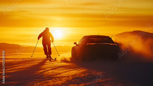 Obraz na płótnie A skier pulled at full speed by a rally car their figure silhouetted against a glowing winter sunset. w salonie