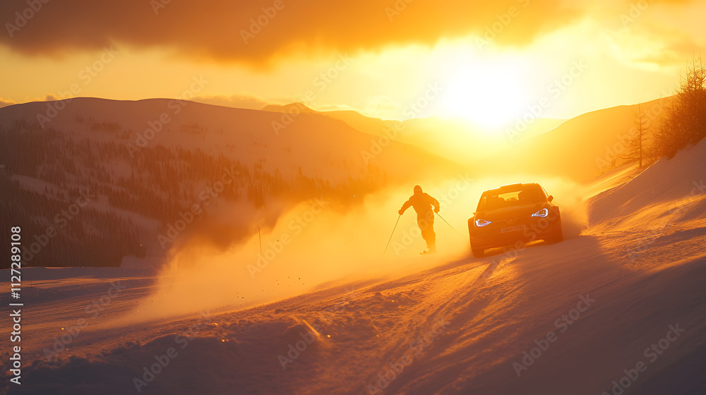 A skier pulled at full speed by a rally car their figure silhouetted against a glowing winter sunset.