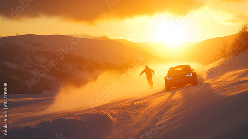 Obraz na płótnie A skier pulled at full speed by a rally car their figure silhouetted against a glowing winter sunset. w salonie