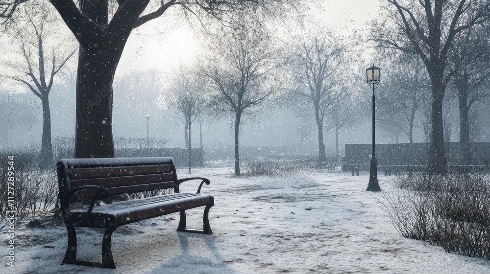 A snow-covered bench in an empty park, with bare trees and a quiet atmosphere, reflecting solitude and the stillness of winter A snow-covered bench in an empty park, with bare trees and a quiet atmosphere, reflecting solitude and the stillness of winter