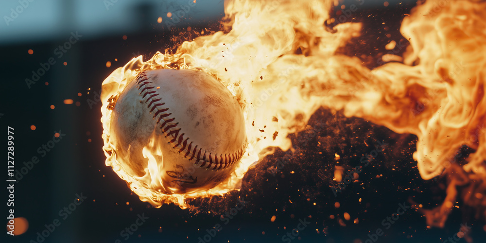 Fast flying fire burning baseball shot with particles close up detail on stadium, fired ball. Sports and competition concept background.