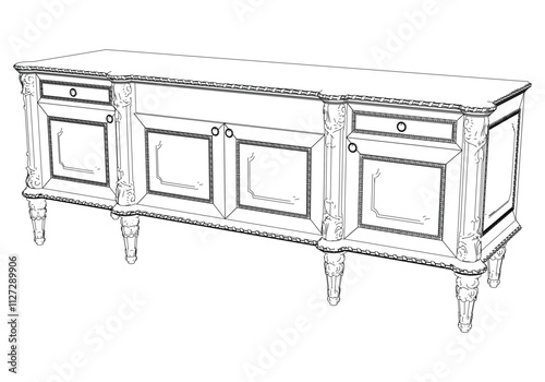Elegant antique sideboard furniture and home interior decorations in trendy vintage retro style. Modern hand drawn black sketch vector illustrations isolated on white background