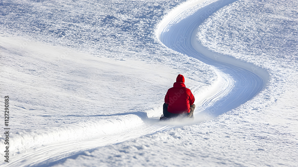 A sledder carving a smooth path through untouched snow on a serene mountain slope.