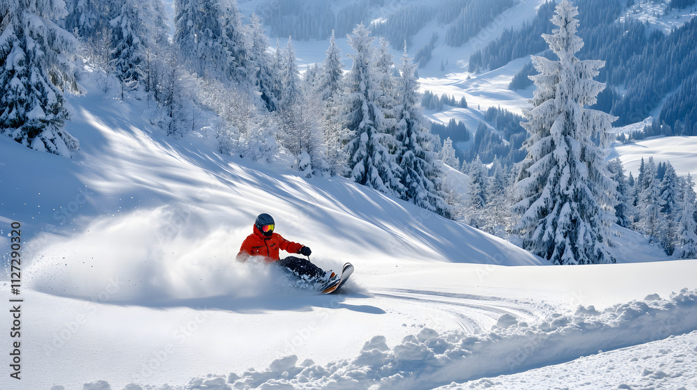 A sledder carving a smooth path through untouched snow on a serene mountain slope.