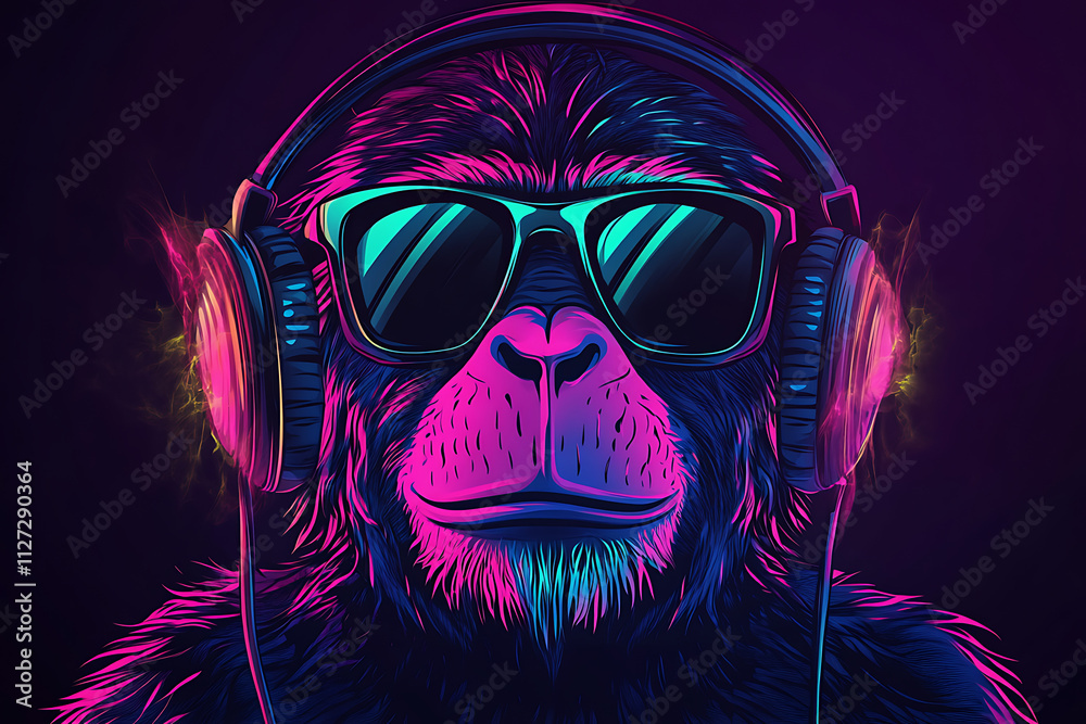 A colorful, stylized monkey wearing headphones and sunglasses, exuding a cool vibe. A colorful, stylized monkey wearing headphones and sunglasses, exuding a cool vibe.