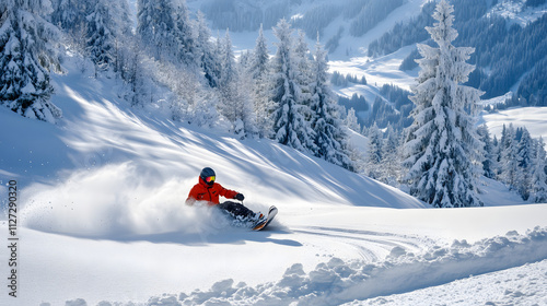 Obraz na płótnie A sledder carving a smooth path through untouched snow on a serene mountain slope. w salonie