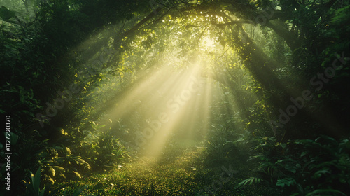 Mystical Sunbeams in Lush Rainforest Green Canopy Tropical Jungle Path